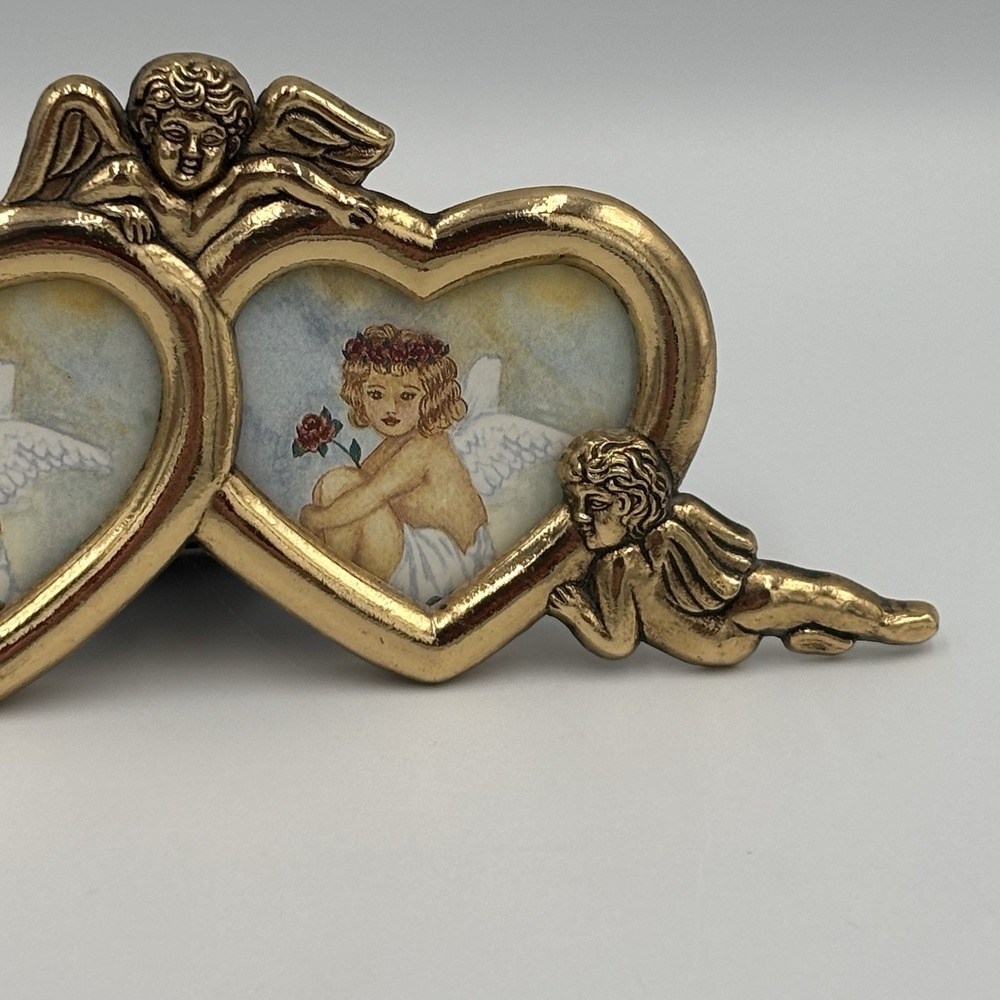 Vintage Brass Angels Trio Twin Heart Picture Frame Cherub Photo Holder Barouque - Picture 4 of 13